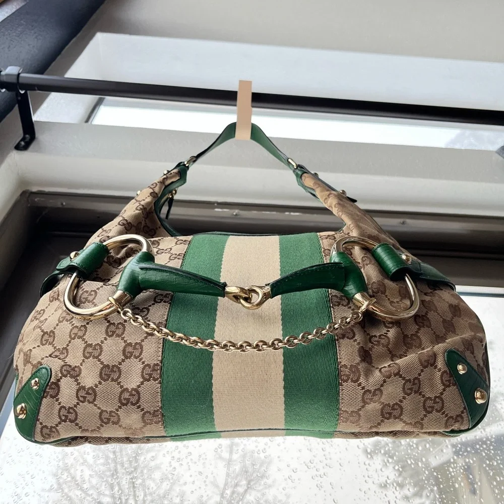๐ Gucci: Horsebit Chain Studded Web Monogram Hobo Shoulder Bag - Picture 11 of 17